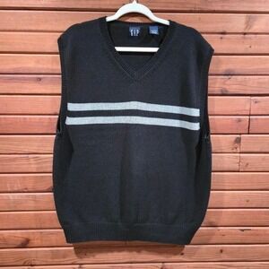 Y2K Mens Size M Black Striped Preppy Indie Skater V Neck Sweater Vest Cotton